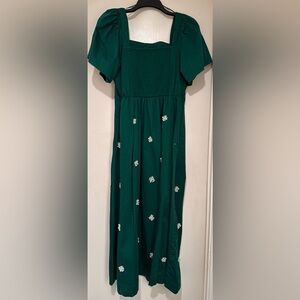 Crown & Ivy Green Midi Dress with White Perl Floral Accents